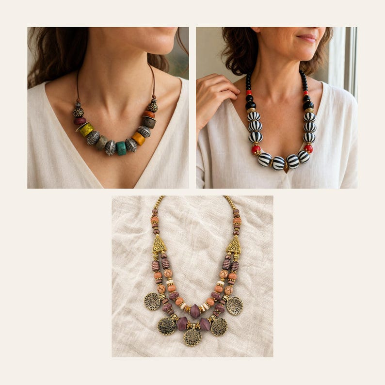 May include: Three distinct necklaces are displayed. The first features multi-colored textured beads. The second showcases black and white striped spherical beads with red accents. The third is a double-strand necklace with patterned beads and metal discs.