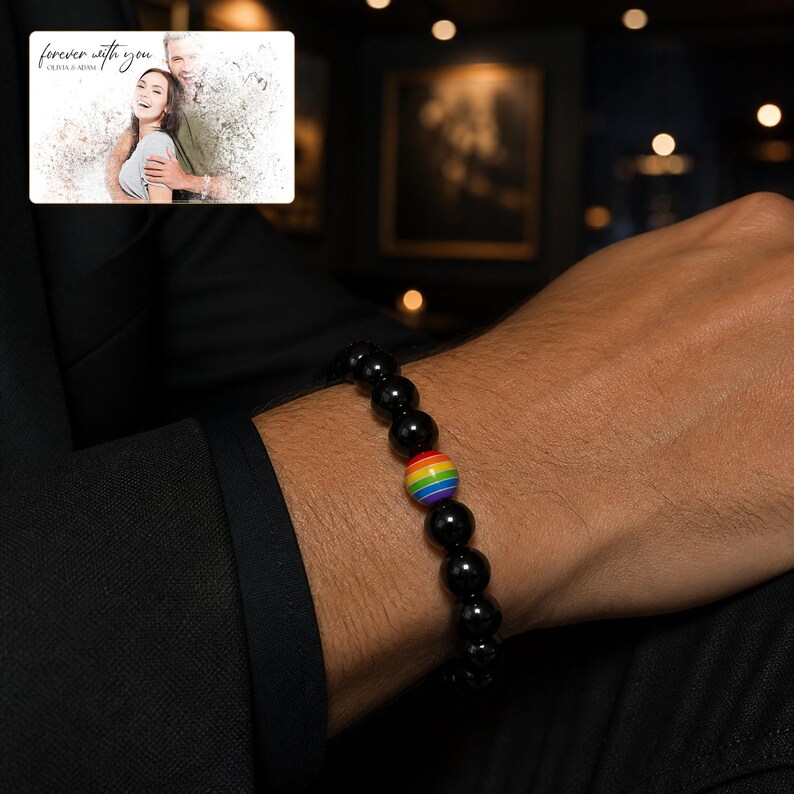 Spectrum bead Pride Bracelet Collection worn by an adult in a polished evening lifestyle scene.