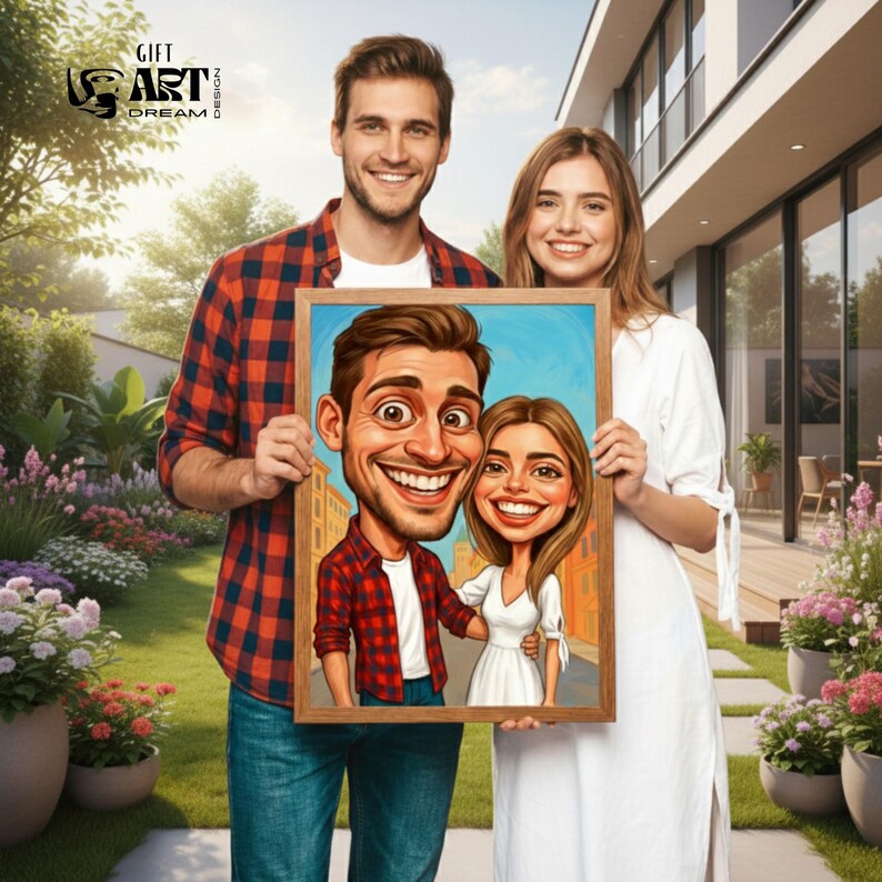 Pode incluir: Um casal segurando um retrato de caricatura emoldurado. O retrato apresenta uma representa&ccedil;&atilde;o de desenho animado de um homem e uma mulher sorrindo. O homem est&aacute; vestindo uma camisa xadrez vermelha e a mulher um vestido branco. O fundo inclui uma casa e um jardim.
