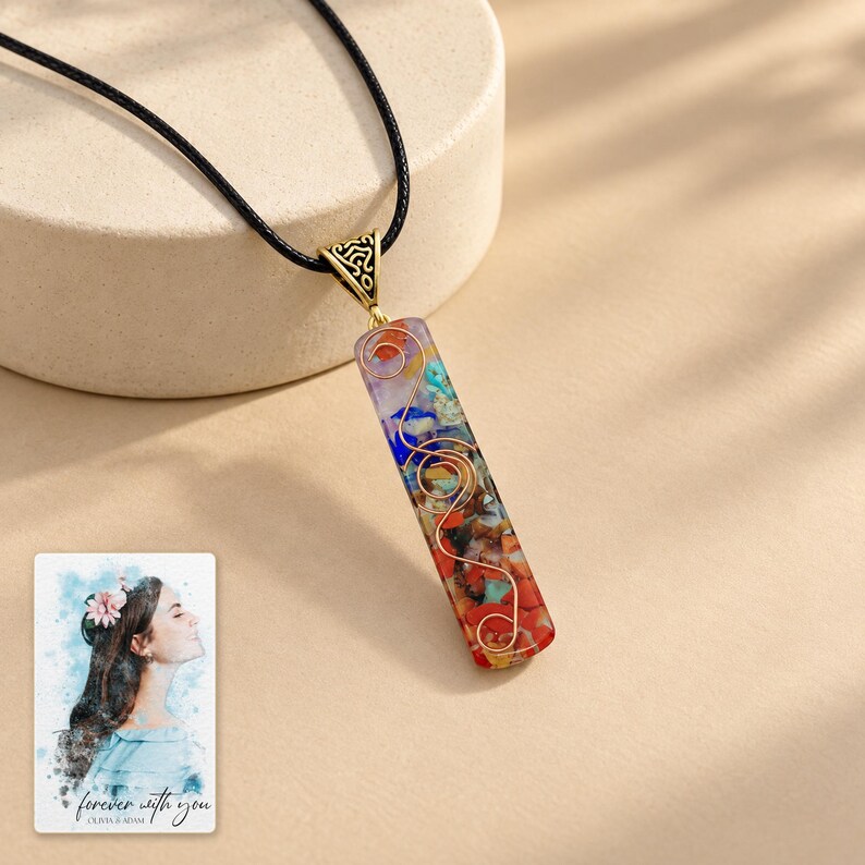 Colorful Bar Pendant Necklace, evening style view. A personalized digital greeting card is shown alongside.
