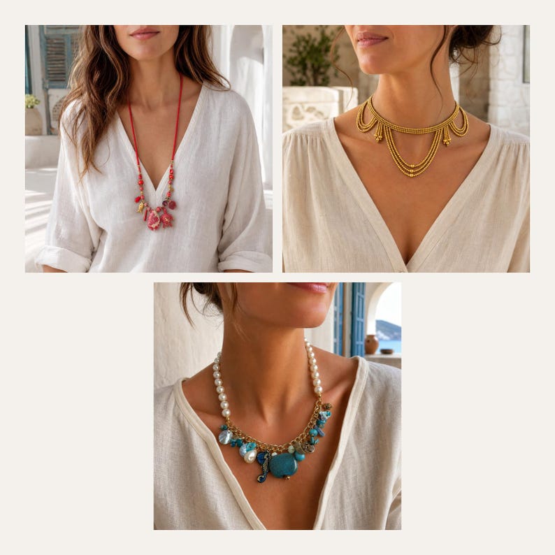 May include: A collection of three necklaces: one long red cord necklace with assorted charms, one gold-toned multi-strand choker with beaded details, and one necklace featuring white pearls, gold-toned chain links, and blue stone charms.