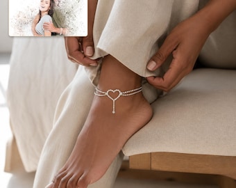 Silver Tone Crystal Heart Anklet, Double-Strand Rhinestone Design