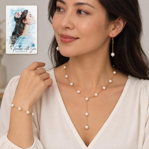 pearl style Occasion Jewelry Set worn by an adult model for styling and everyday styling. A personalized digital greeting card is shown alongside.
