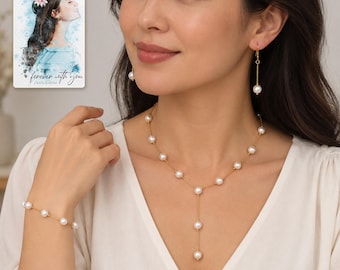 Pearl Style Jewelry Set, Gold Tone Necklace,Personalise  Bracelet and Drop Earrings