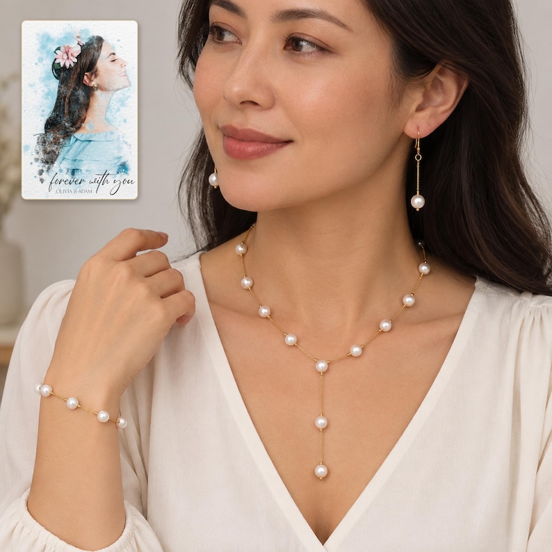 pearl style Occasion Jewelry Set worn by an adult model for styling and everyday styling. A personalized digital greeting card is shown alongside.