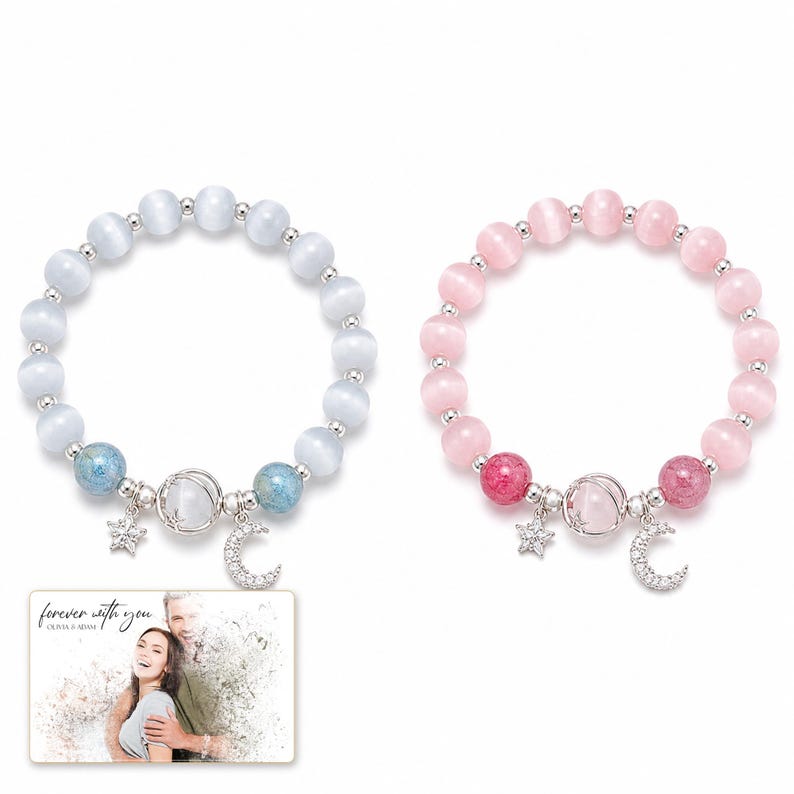 Starlit Moon Bead Bracelet shown during a believable gift-giving moment between adults with the exact jewelry visible.