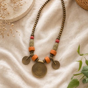 Gift ready presentation of Rose Gold and Gray Statement Beaded Necklace, Boho Handmade Jewelry, Artisan Gift for Her in an open jewelry box lined with natural ivory linen