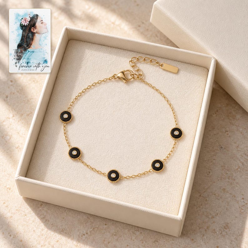 Black Disc Bracelet, displayed in a presentation box. A sample personalized digital greeting card is shown alongside.