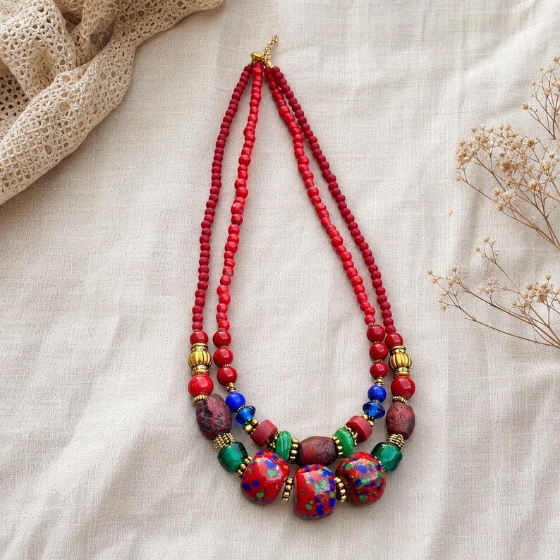 Coordinating red multicolor two-strand beaded necklace HCKK0933 shown individually for the two and three piece set options
