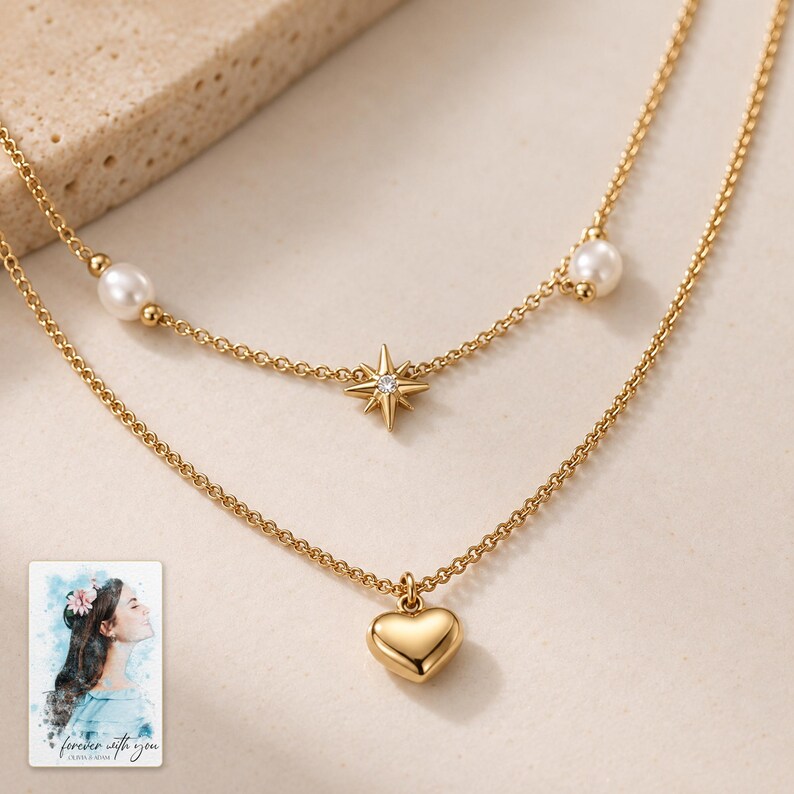 Layered Heart Necklace, close-up of the details. A sample personalized digital greeting card is shown alongside.