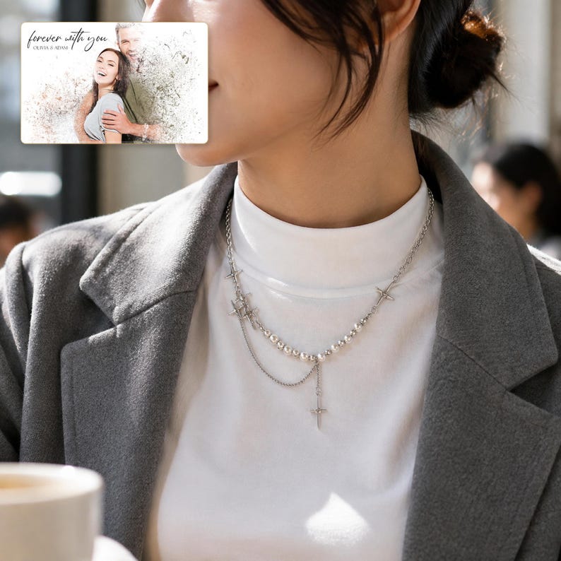 Silver-tone layered necklace with pale beads and pointed star charms, adult lifestyle view. A personalized greeting-card example appears in the corner.