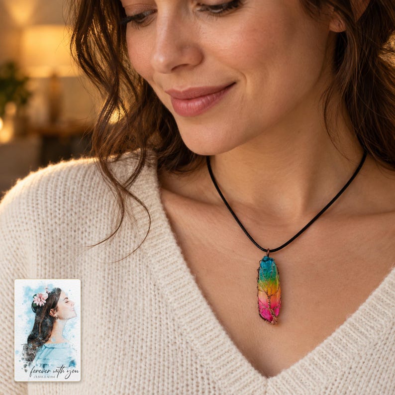 Rainbow Tree Stone Necklace, worn with evening clothing. A sample personalized digital greeting card is shown alongside.