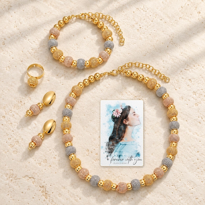 Metallic Bead Jewelry Suite shown as the main Etsy hero photograph with a clear view of the complete design. A personalized digital greeting card is shown alongside.