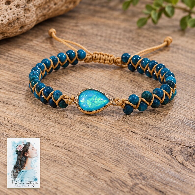 Blue Teardrop Cord Bracelet, close-up of the details. A sample personalized digital greeting card is shown alongside.