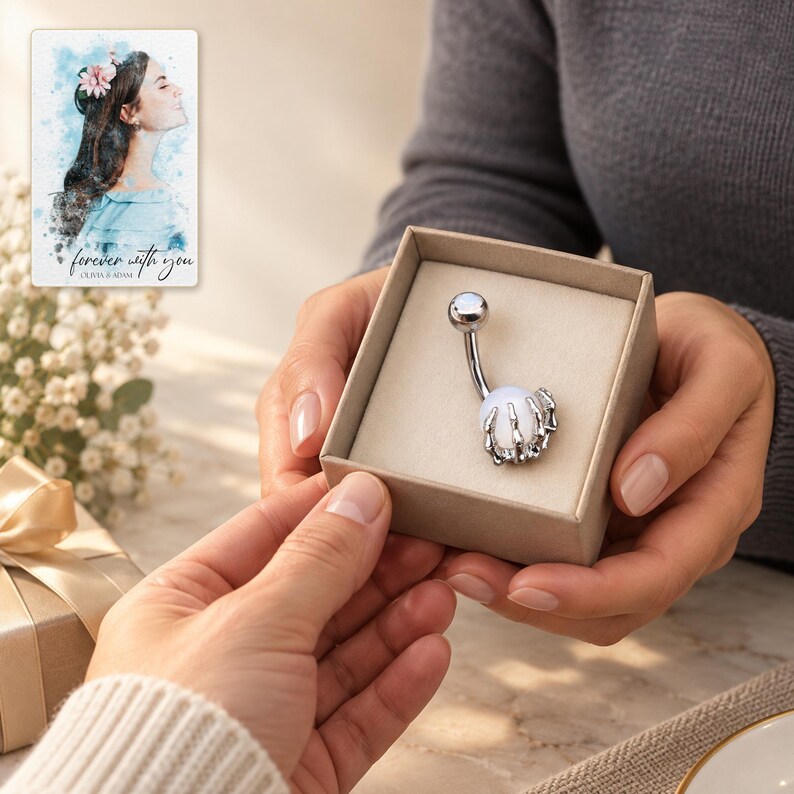 An adult receives a small open styling box holding the silver-tone skeleton-claw barbell. A personalized digital greeting card is shown alongside.