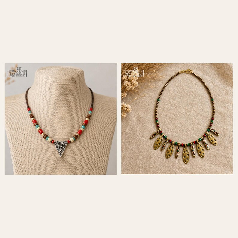 Bunte Perlenkette mit silberfarbenem Dreiecksanhänger, handgearbeitet in der Türkei 2 piece set
