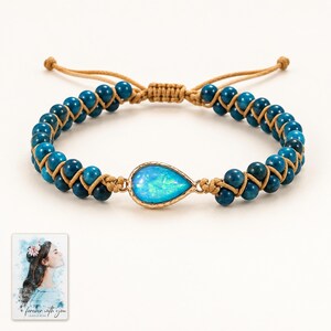 Blue Teardrop Cord Bracelet, shown against a light background. A sample personalized digital greeting card is shown alongside.