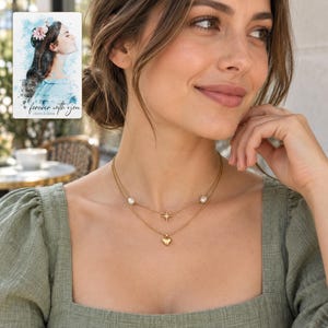 Layered Heart Necklace, worn with daytime clothing. A sample personalized digital greeting card is shown alongside.