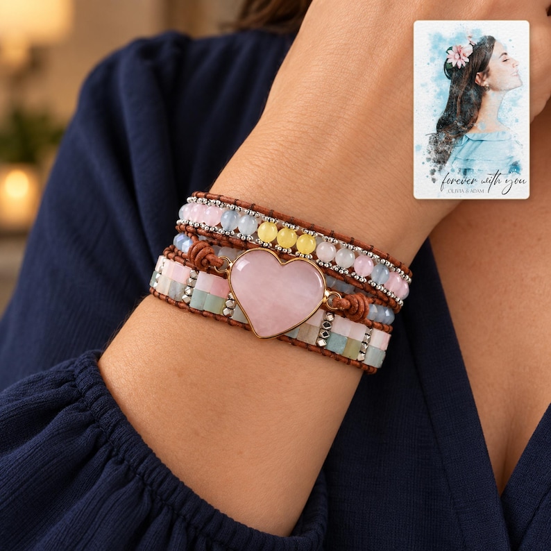 Pastel Heart Wrap Bracelet worn by an adult in a polished evening lifestyle scene. A personalized digital greeting card is shown alongside.