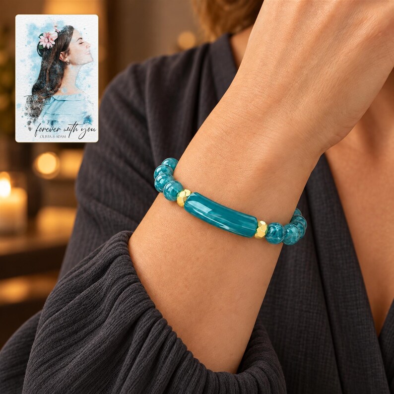 Peacock Tide Bar Bracelet worn by an adult in a polished evening lifestyle scene. A personalized digital greeting card is shown alongside.
