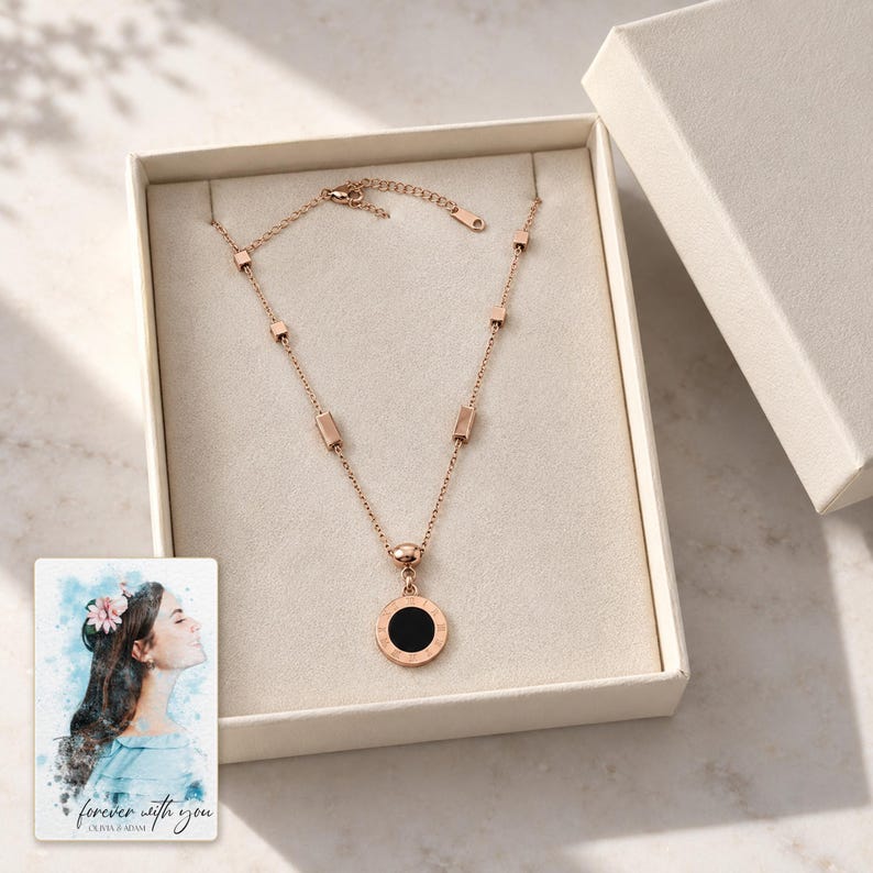 Roman Numeral Necklace, gift box view. A personalized digital greeting card is shown alongside.