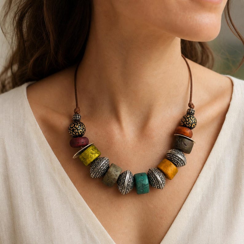 May include: A necklace featuring a brown cord strung with a variety of beads, including textured silver-toned metal beads, smooth wooden beads, and beads with a black and gold leopard print pattern in shades of yellow, green, teal, and brown.