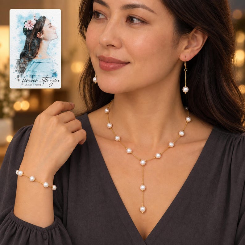 pearl style Occasion Jewelry Set worn by an adult in a polished evening lifestyle scene. A personalized digital greeting card is shown alongside.
