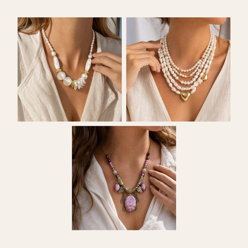 May include: A collection of three necklaces: one with white pearls and gold accents, a multi-strand necklace featuring small white pearls and a central gold heart charm, and a third necklace with purple beads and a large central purple pendant.