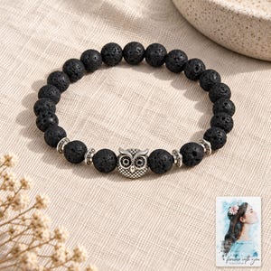 Black Lava Bead Bracelet, laid on fabric. A sample personalized digital greeting card is shown alongside.