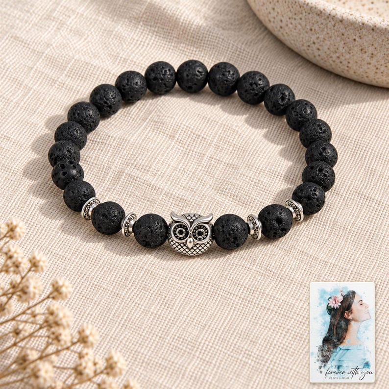Black Lava Bead Bracelet, laid on fabric. A sample personalized digital greeting card is shown alongside.