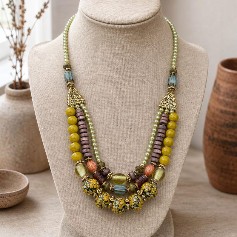 Gray and Bronze Statement Beaded Necklace shown individually as a coordinating option for the mix and match necklace set