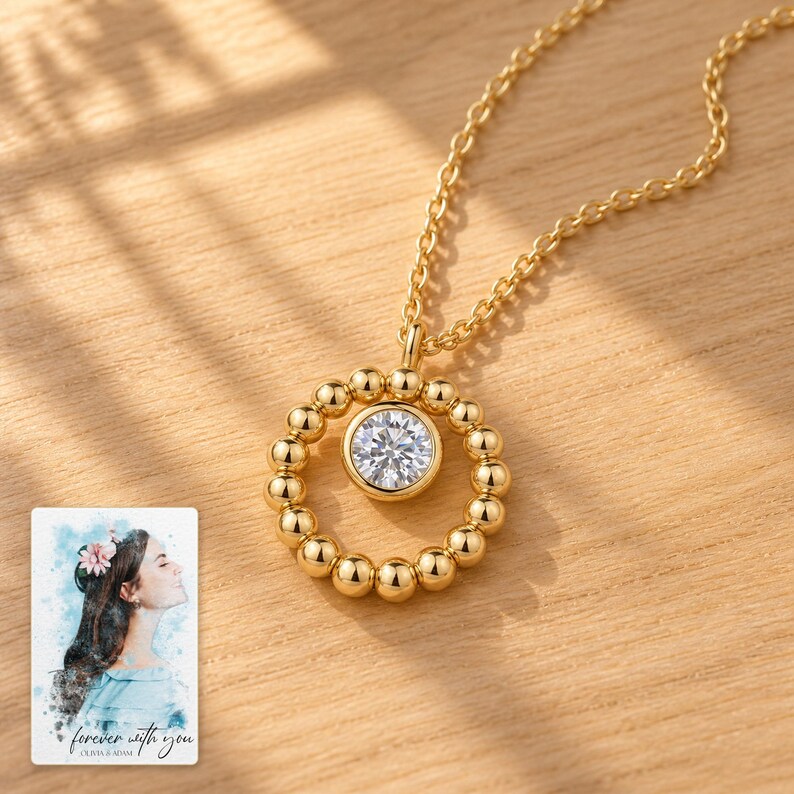 Moissanite Circle Necklace, sunlit home view. A personalized digital greeting card is shown alongside.