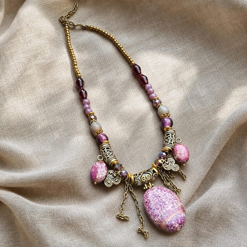 Gift ready presentation of Silver and Gray Statement Beaded Necklace, Boho Handmade Jewelry, Artisan Gift for Her in an open jewelry box lined with natural ivory linen