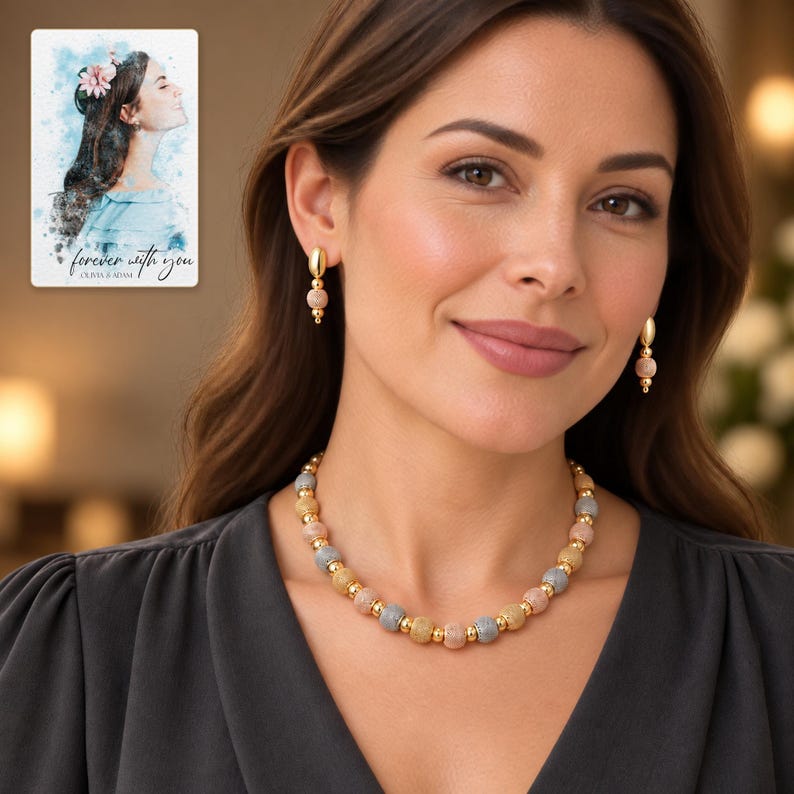 Metallic Bead Jewelry Suite worn by an adult in a polished evening lifestyle scene. A personalized digital greeting card is shown alongside.