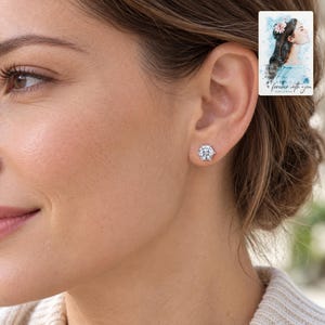 Moissanite Stud Earrings, worn by an adult. A sample personalized digital greeting card is shown alongside.