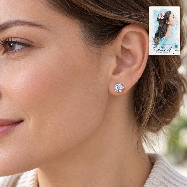 Moissanite Stud Earrings, worn by an adult. A sample personalized digital greeting card is shown alongside.
