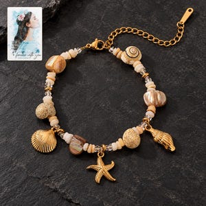 Shell Charm Bracelet, shown against a dark background. A sample personalized digital greeting card is shown alongside.
