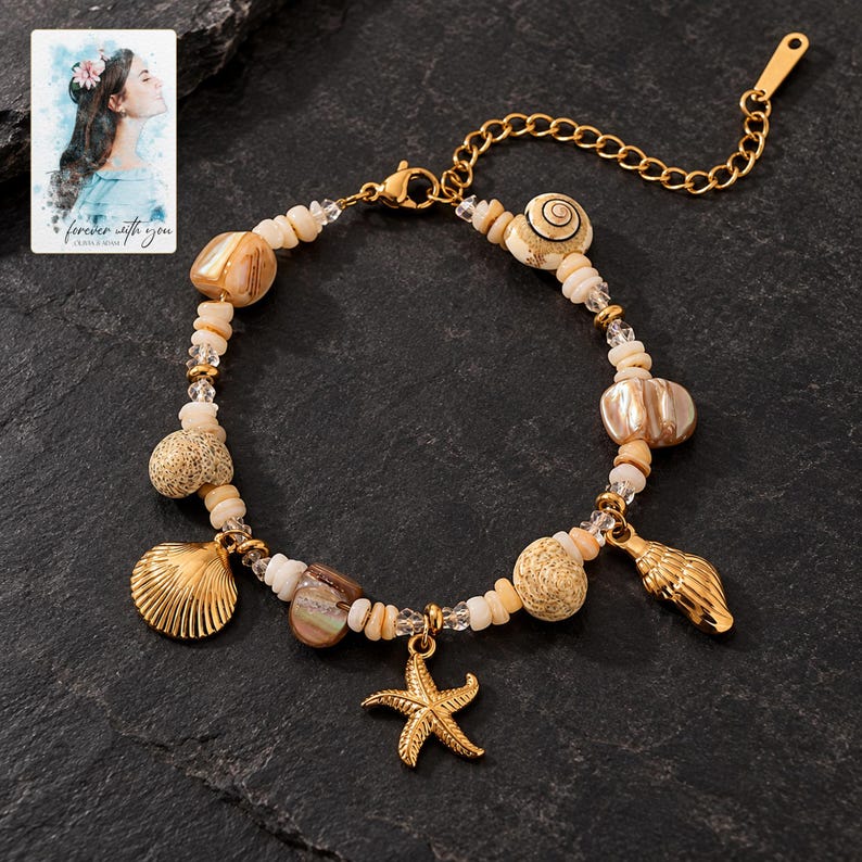 Shell Charm Bracelet, shown against a dark background. A sample personalized digital greeting card is shown alongside.