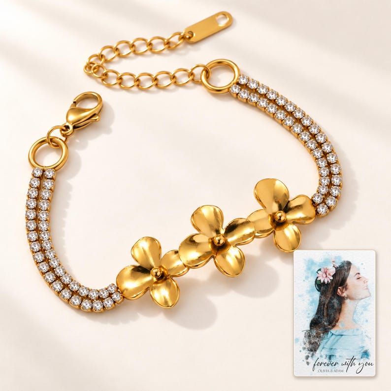 Gold Tone Flower Bracelet, hero view. A personalized digital greeting card is shown alongside.