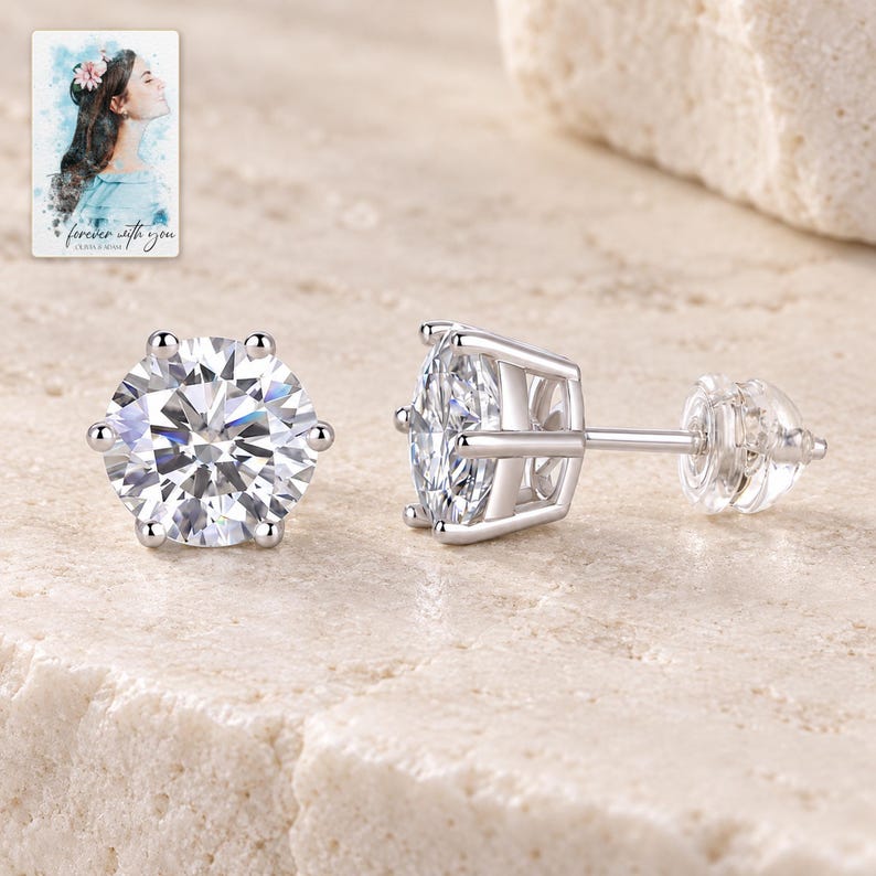 Moissanite Stud Earrings, shown on a display surface. A sample personalized digital greeting card is shown alongside.