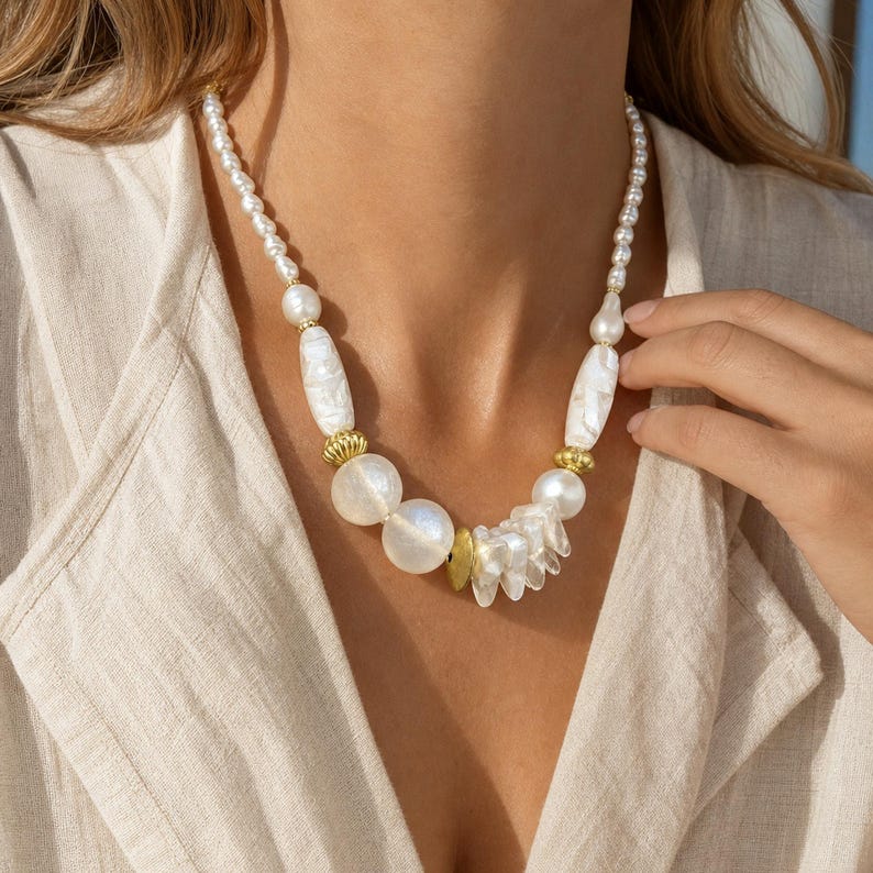 Puede incluir: Un collar que presenta una mezcla de peque&ntilde;as perlas blancas, cuentas alargadas de color blanco marmolado, cuentas redondas grandes blancas y un grupo de elementos transl&uacute;cidos en forma de p&eacute;talo, con peque&ntilde;os separadores y cuentas doradas.
