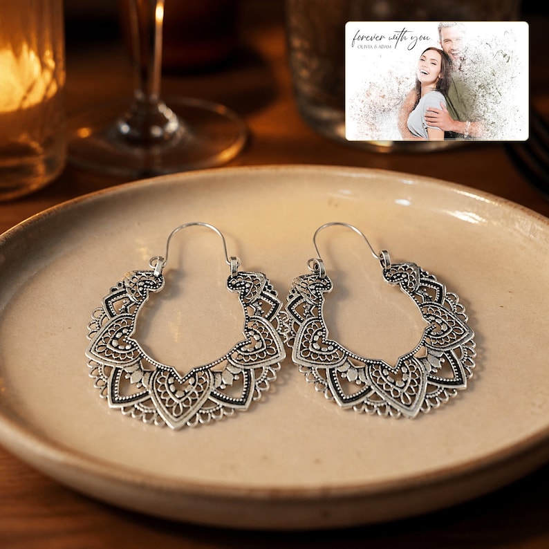 Antique Lace Boho Hoops arranged on soft ivory linen in a refined neutral flat lay.