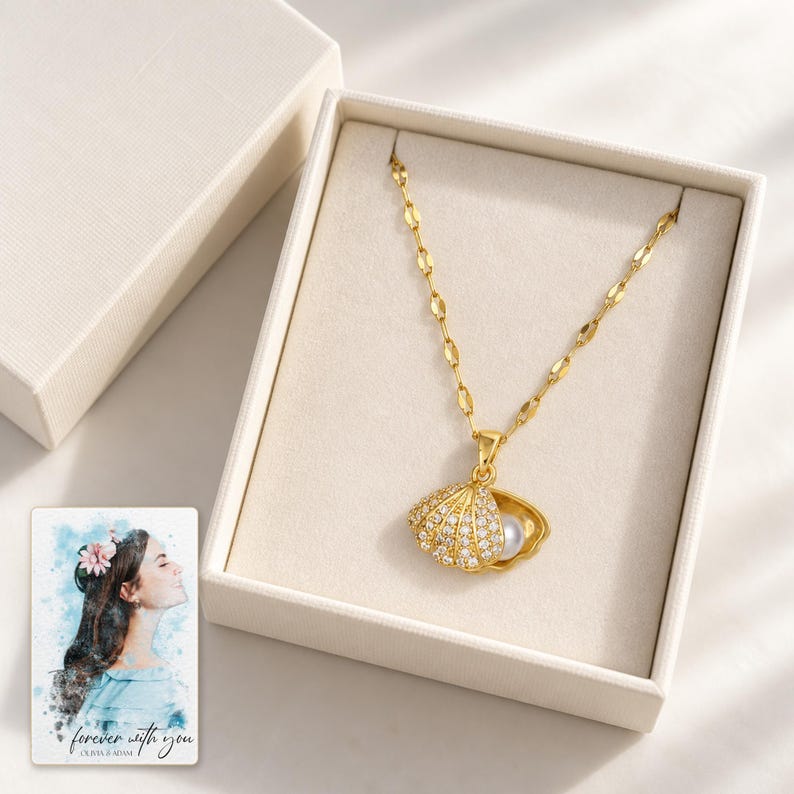 Shell Shaped Necklace, gift box view. A personalized digital greeting card is shown alongside.