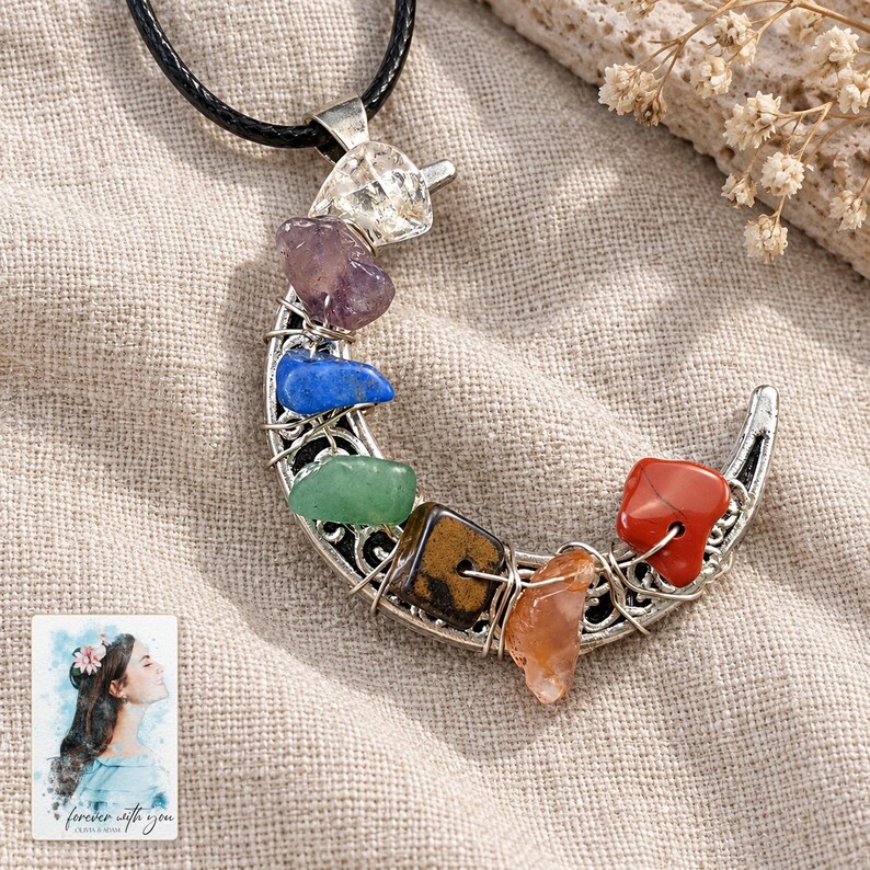 Rainbow Chip Moon Necklace, laid on fabric. A sample personalized digital greeting card is shown alongside.