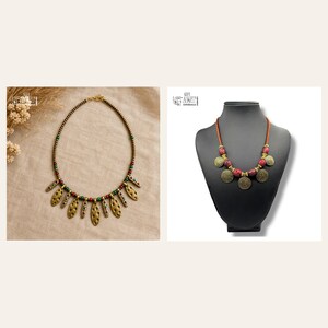 Antique Gold Tone Leaf Charm Necklace, Bronze Beaded Boho Jewelry 2 piece set