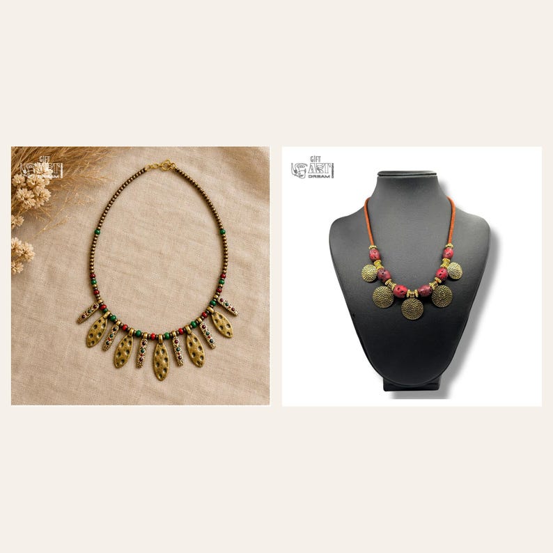 Antique Gold Tone Leaf Charm Necklace, Bronze Beaded Boho Jewelry 2 piece set