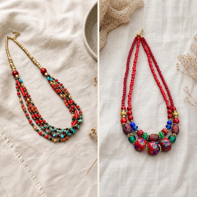 Two piece necklace set with HCKK0908 red turquoise multi-strand necklace and HCKK0933 red multicolor two-strand necklace