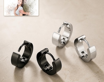 Stainless Steel Huggie Hoop Earrings, Black or Silver Chunky Unisex Jewelry