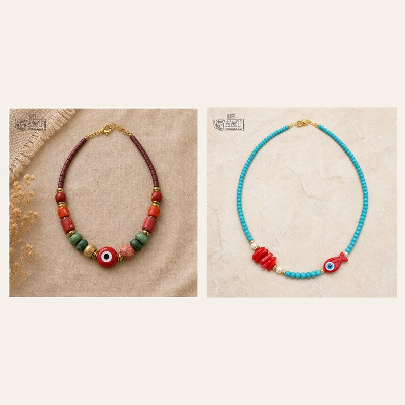 Puede incluir: Dos collares. El de la izquierda tiene cuentas marrones, rojas y verdes con un amuleto central de ojo rojo. El de la derecha consta de peque&ntilde;as cuentas turquesas, piezas rojas similares al coral y un dije de ojo en forma de pez rojo.
