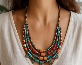 Beige and Brown Layered Beaded Necklace, Bold Boho Statement